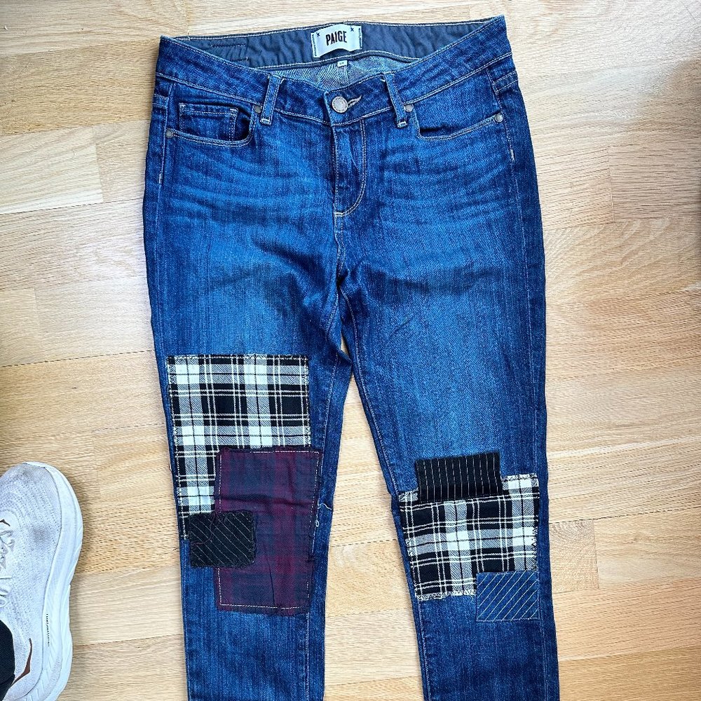 Paige Denim Jimmy Jimmy straight leg plaid patched blue jeans